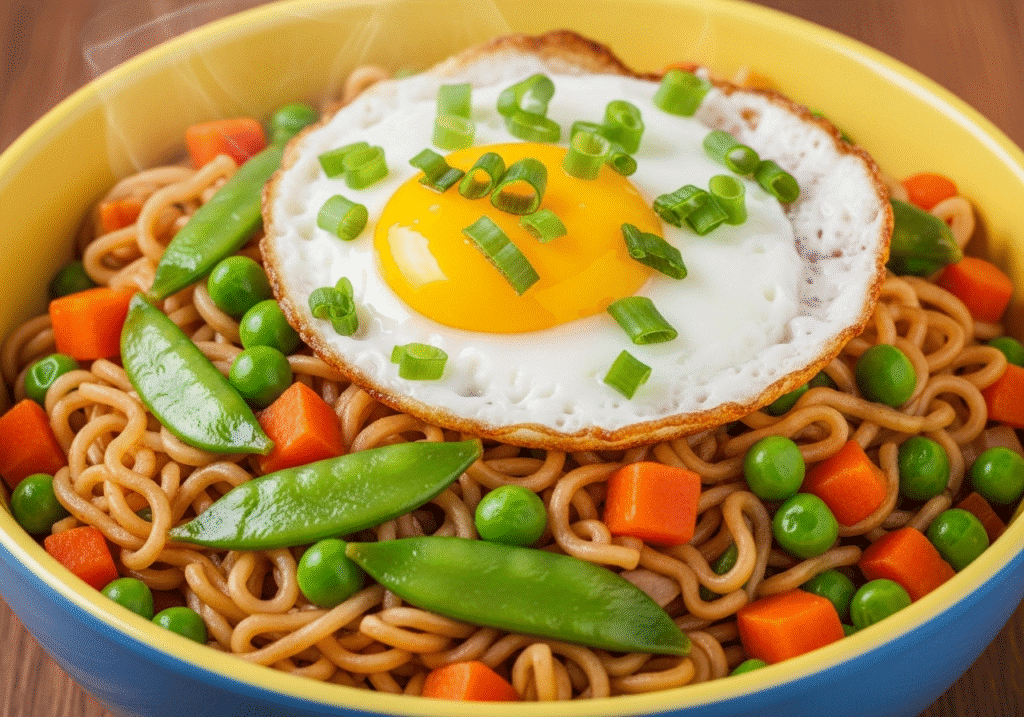 ইনস্ট্যান্ট চাউমিন নুডলস, শাকসবজি এবং ডিম দিয়ে মাইক্রোওয়েভে তৈরি, যা পড়াশোনার ফাঁকে দ্রুত ক্ষুধা মেটানোর জন্য দারুণ।
