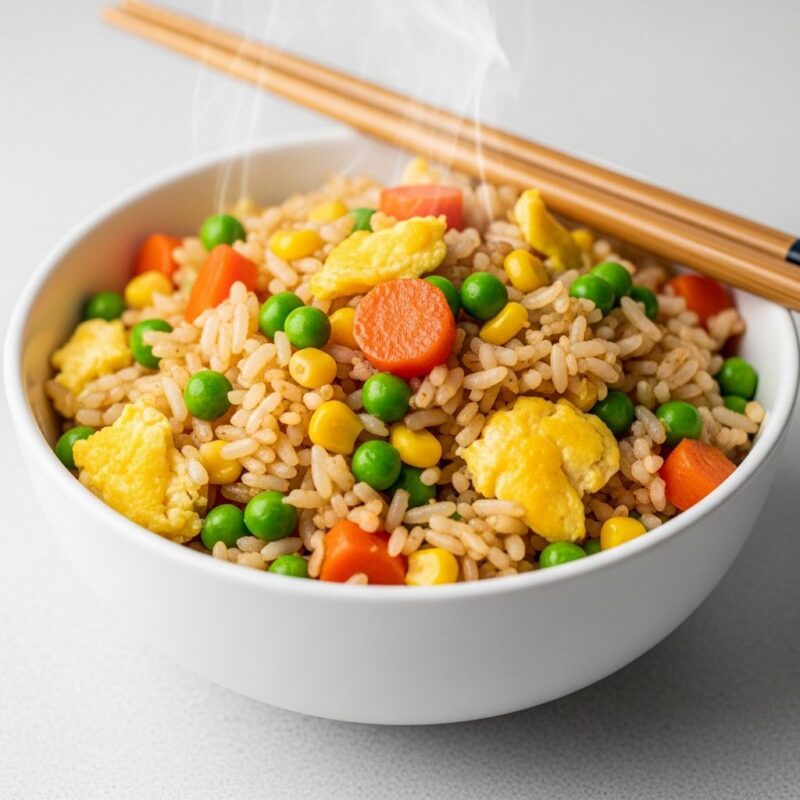 Quick microwave egg fried rice with vegetables for weight loss.
