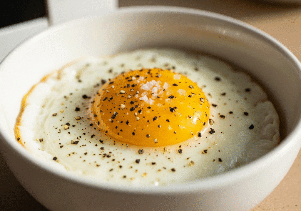 একটি মাইক্রোওয়েভ সেফ বাটিতে সুন্দরভাবে তৈরি ডিম ফ্রাই, লবণ ও মরিচ দিয়ে সাজানো, যা সকালের নাস্তার জন্য উপযুক্ত।