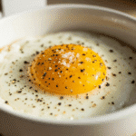 একটি মাইক্রোওয়েভ সেফ বাটিতে সুন্দরভাবে তৈরি ডিম ফ্রাই, লবণ ও মরিচ দিয়ে সাজানো, যা সকালের নাস্তার জন্য উপযুক্ত।