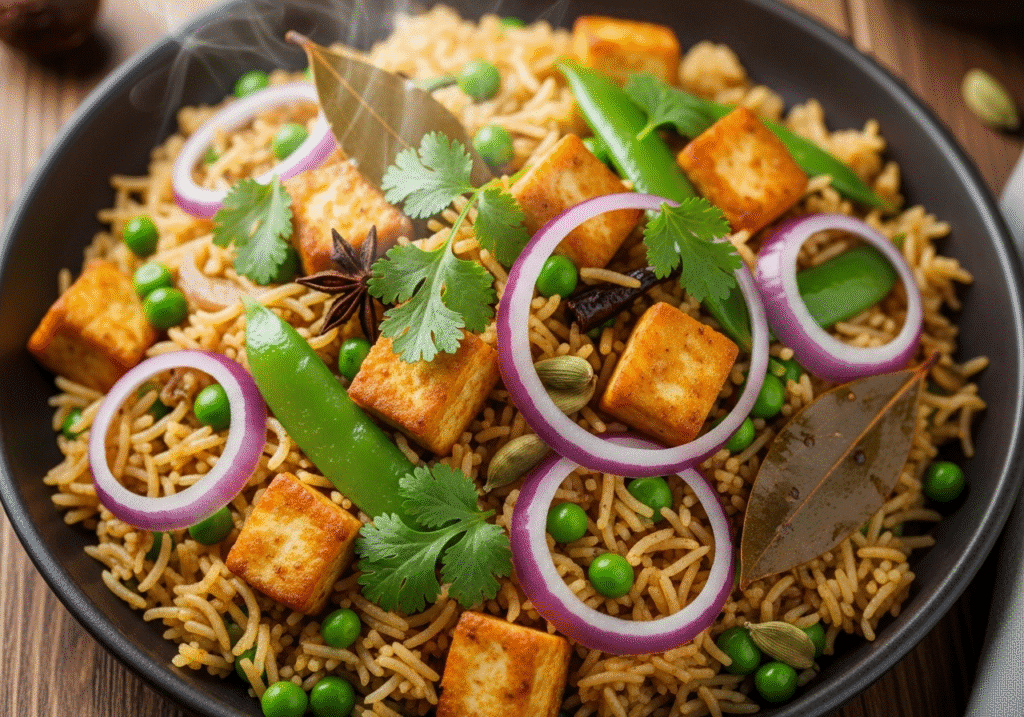 পনির, মটর এবং পেঁয়াজ দিয়ে তৈরি সুস্বাদু পনির ভাত, যা অতিরিক্ত ভাত দিয়ে সহজেই তৈরি করা যায়।
