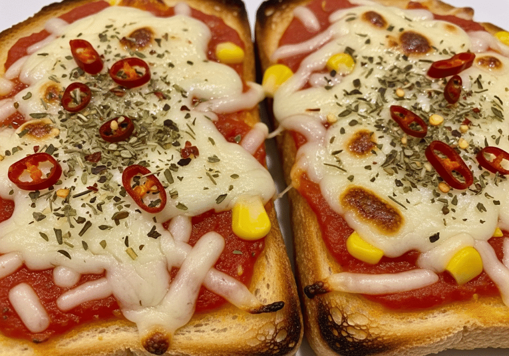 টমেটো সস, পনির এবং মশলা দিয়ে তৈরি ক্রিস্পি পিৎজা টোস্ট, যা একটি দারুণ স্ন্যাকস।