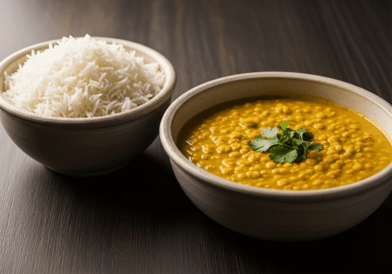 Bowl of yellow dal lentil curry garnished with cilantro served alongside bowl of white basmati rice on dark wooden table.
