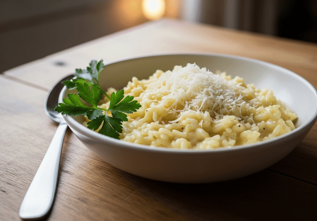 গ্রেটেড পনির এবং পার্সলে দিয়ে সাজানো একটি ক্রিমি রিসোটো, যা মাইক্রোওয়েভে তৈরি একটি ইতালিয়ান স্টাইলের খাবার।
