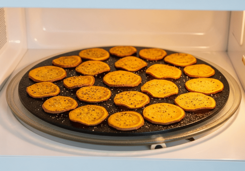 পাতলা করে কাটা ও ভাজা মিষ্টি আলুর চিপস, লবণ ও মরিচ দিয়ে সাজানো, যা একটি স্বাস্থ্যকর স্ন্যাক।