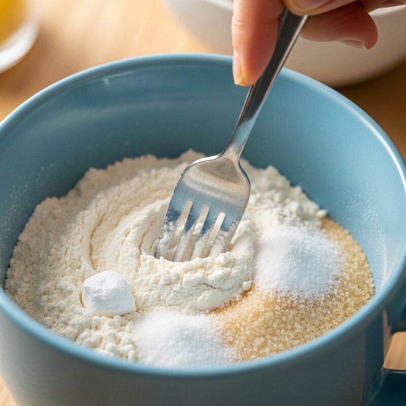 Mixing dry ingredients in mug, fork, flour, sugar.