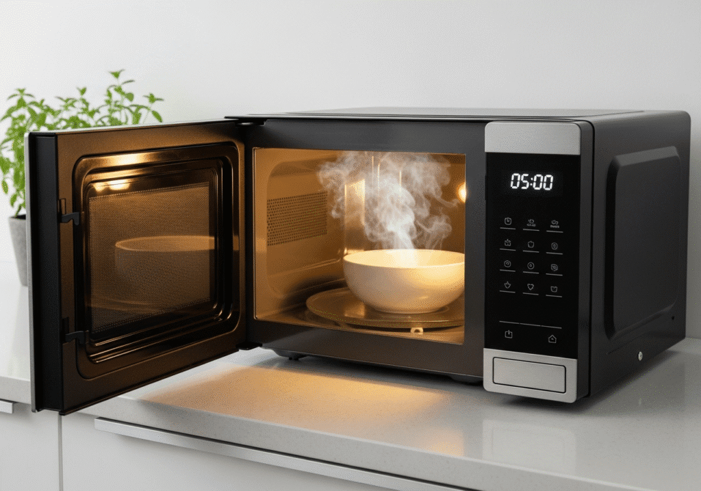  একটি আধুনিক মাইক্রোওয়েভ ওভেন দ্রুত এবং সহজে খাবার তৈরির প্রক্রিয়া দেখাচ্ছে, যা ছাত্রদের জন্য এর আদর্শতা বোঝায়।
