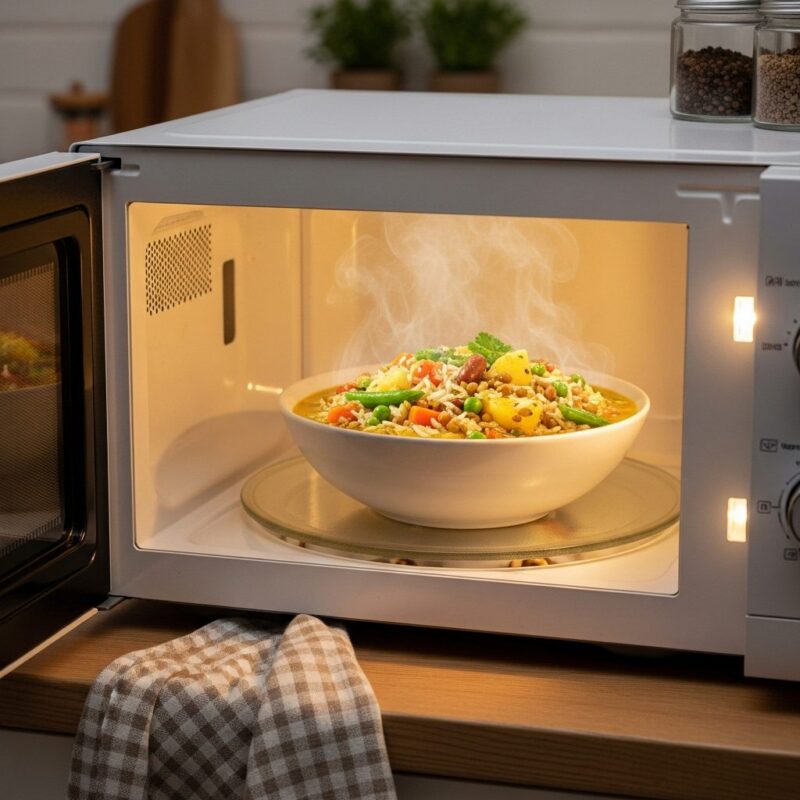 Vegetable khichuri cooking in microwave bowl.