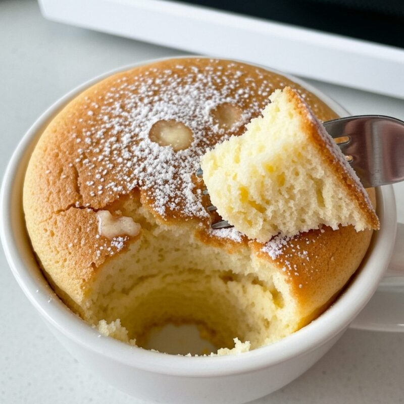 Moist fluffy microwave cake texture, fork, soft interior.