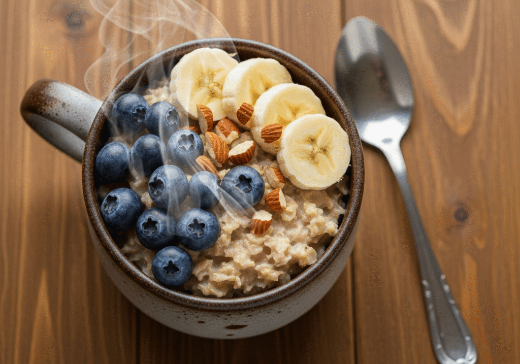 একটি সিরামিকের মাগে তাজা কলা, ব্লুবেরি এবং বাদাম দিয়ে সাজানো গরম ওটমিল।