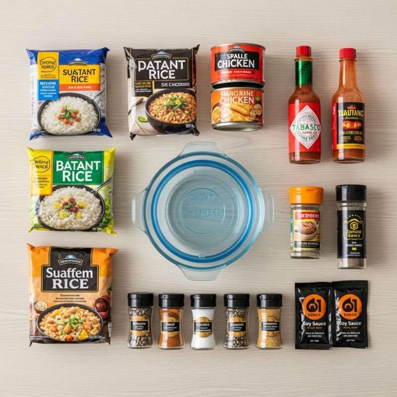 Office lunch supplies laid out on desk including instant rice packets, canned chicken, microwave-safe container, hot sauces, spices, and soy sauce.