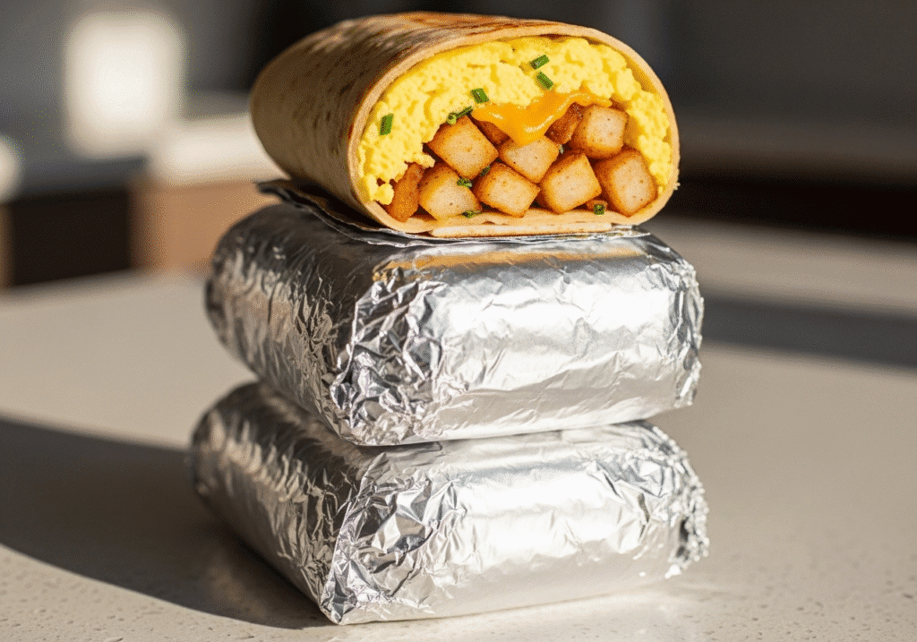 তিনটি সাজানো ব্রেকফাস্ট বারিটো, যার মধ্যে একটিতে ডিম, আলু এবং পনিরের পুর দেখা যাচ্ছে, যা মিল প্রেপের ধারণা দিচ্ছে।