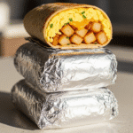 তিনটি সাজানো ব্রেকফাস্ট বারিটো, যার মধ্যে একটিতে ডিম, আলু এবং পনিরের পুর দেখা যাচ্ছে, যা মিল প্রেপের ধারণা দিচ্ছে।