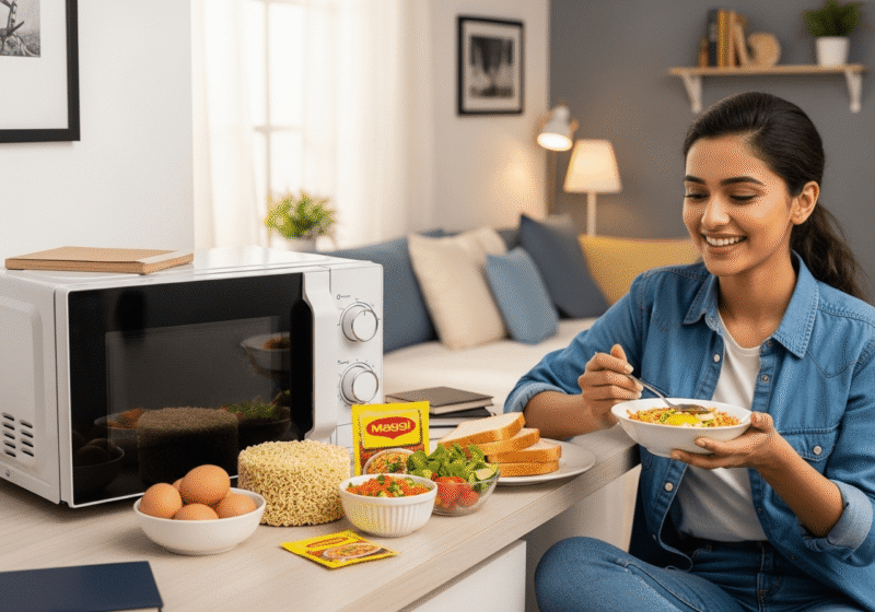একজন হাসিখুশি ছাত্র একটি আধুনিক মাইক্রোওয়েভের পাশে দ্রুত তৈরি মাইক্রোওয়েভ খাবার নিয়ে দাঁড়িয়ে আছে, যা ব্যস্ত ছাত্রদের জন্য সহজ এবং সুস্বাদু খাবারের সমাধান তুলে ধরছে।