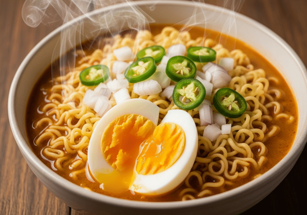  গরম ম্যাগি নুডলস, পেঁয়াজ ও কাঁচালঙ্কা দিয়ে তৈরি, একটি ডিমের সাথে যা দ্রুত ক্ষুধা মেটাতে সাহায্য করে।
