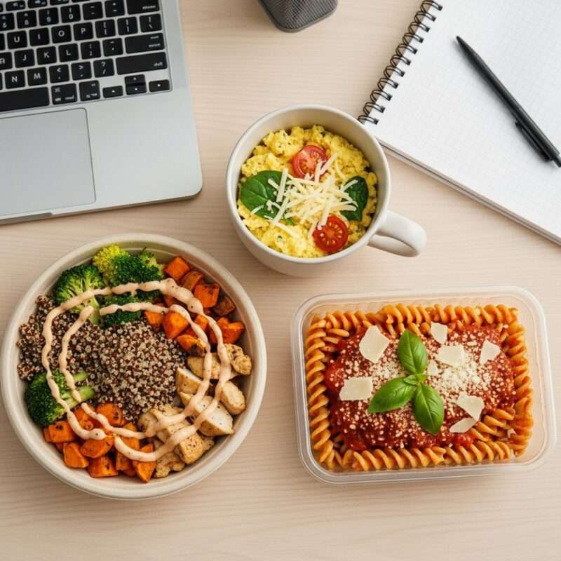 Three microwave office meals on desk - quinoa power bowl with vegetables, pasta marinara container, and mug with couscous and cheese.