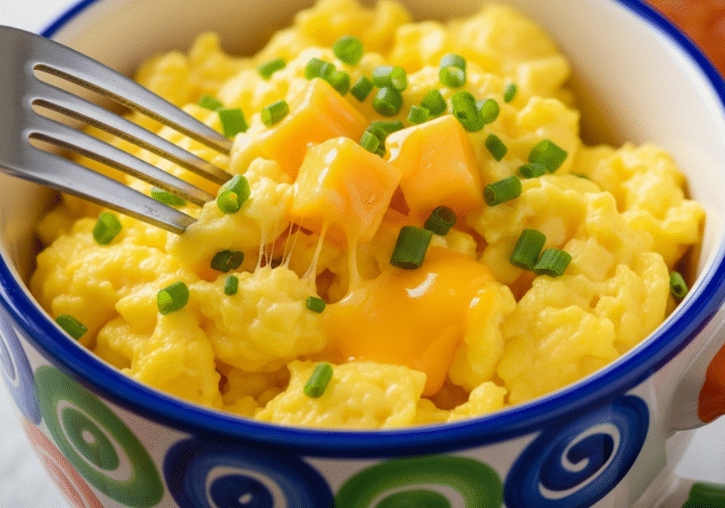 একটি রঙিন সিরামিকের মাগে তুলতুলে ভাজা ডিম, উপরে চিবানো চাইভস এবং গলানো পনির।