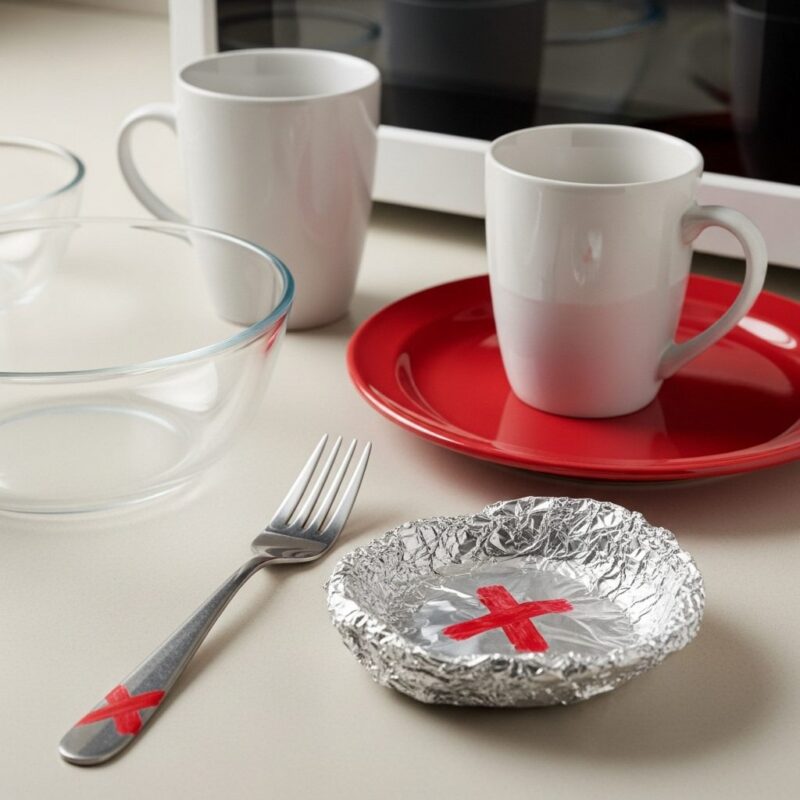 Selection of microwave-safe glass and ceramic dishes next to a forbidden, crossed-out metal utensil.