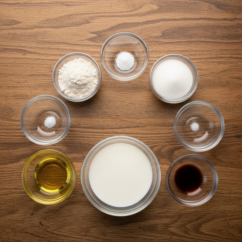 Ingredients for microwave mug cake: flour, sugar, milk, oil.