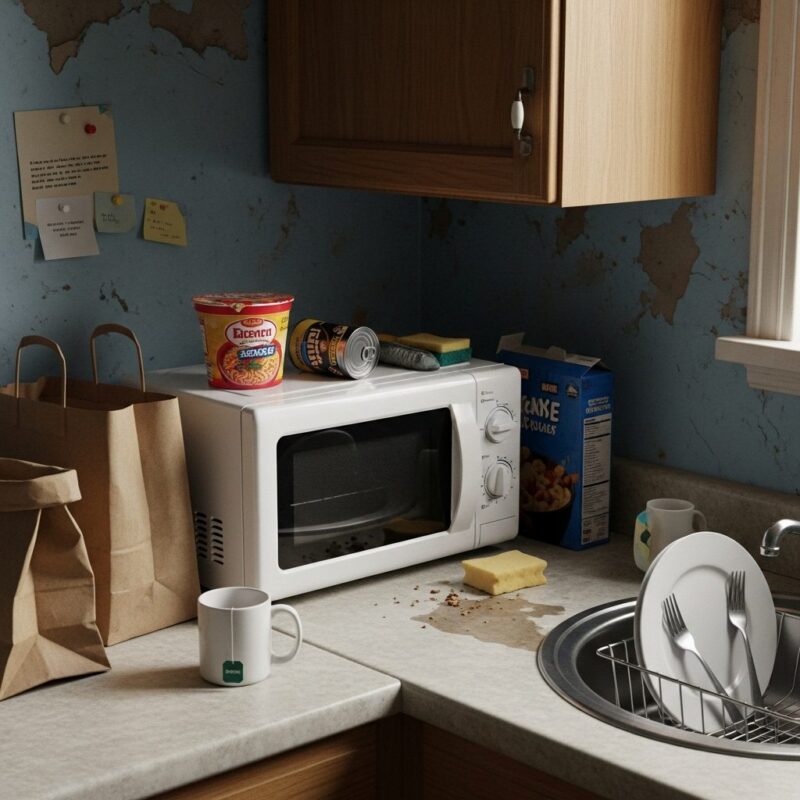 Small kitchen with microwave for student cooking.