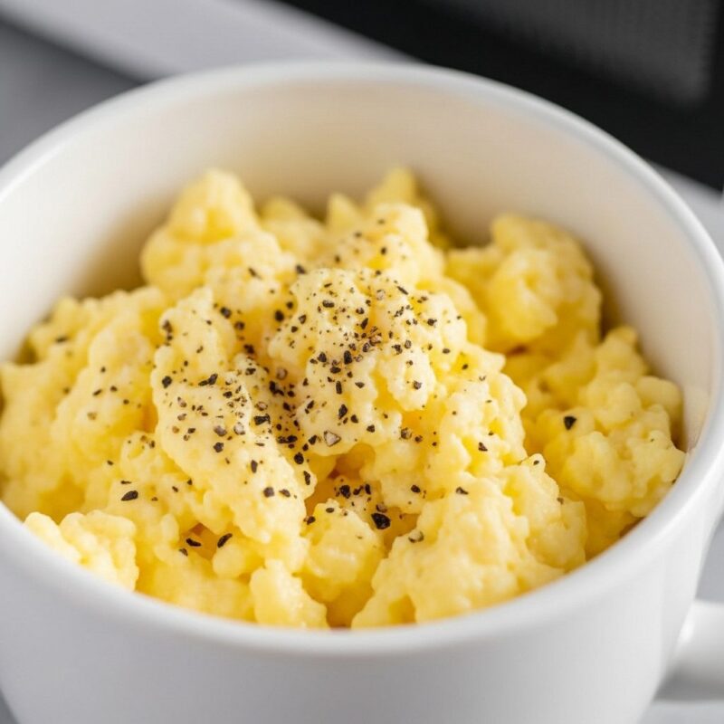 Soft scrambled eggs or a perfectly poached egg cooked inside a ceramic mug, garnished with black pepper.