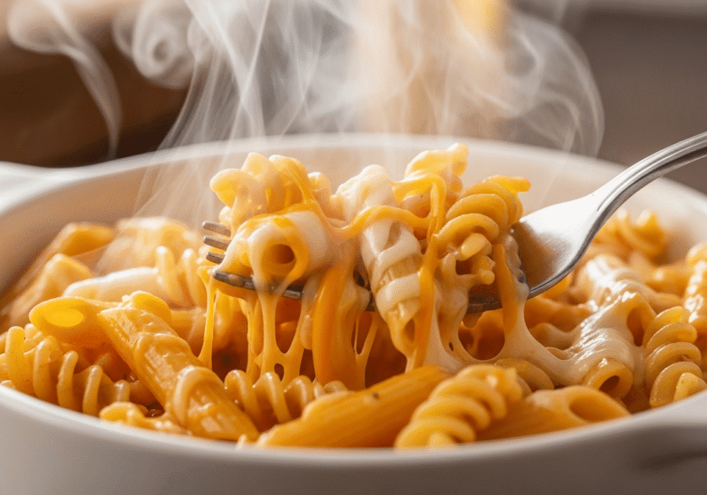 Stirring freshly microwaved mac and cheese in a bowl, a key step for even cooking and delicious results..