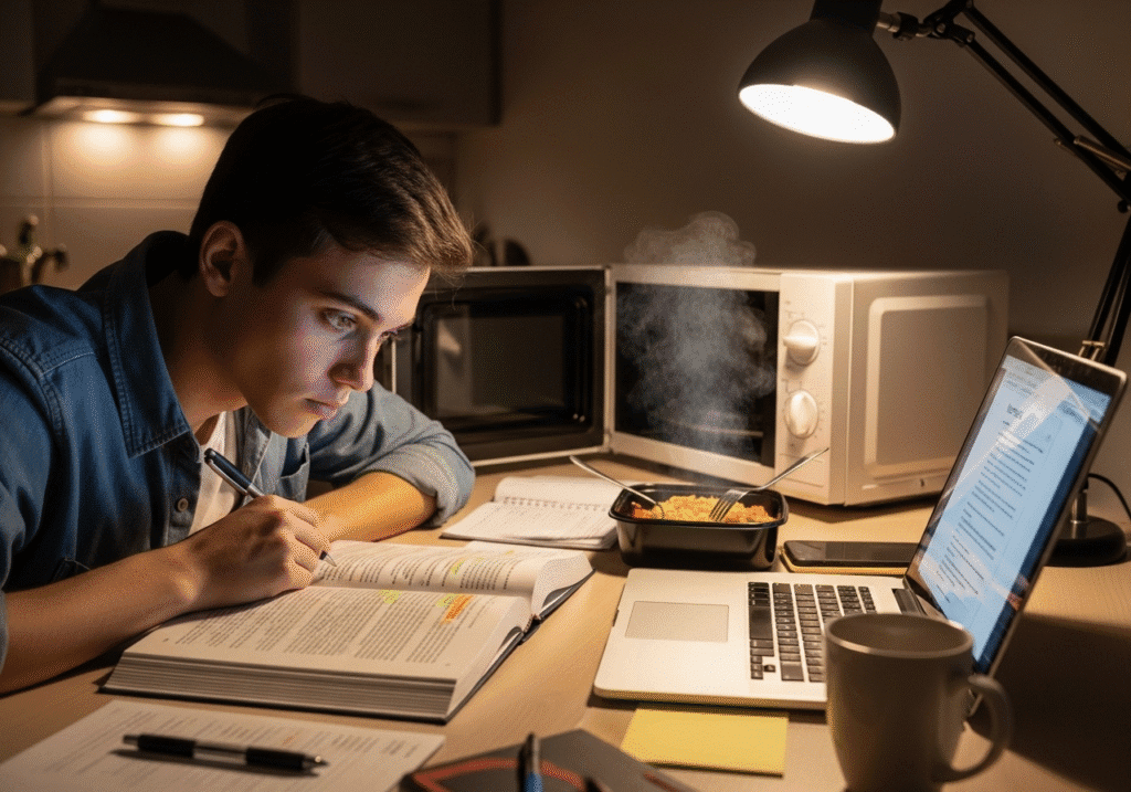 একজন ব্যস্ত ছাত্র তার ডেস্কে বই, ল্যাপটপ এবং একটি মাইক্রোওয়েভ খাবার নিয়ে পড়াশোনা করছে, যা ছাত্রদের ব্যস্ত জীবনে দ্রুত রান্নার গুরুত্ব তুলে ধরে।
