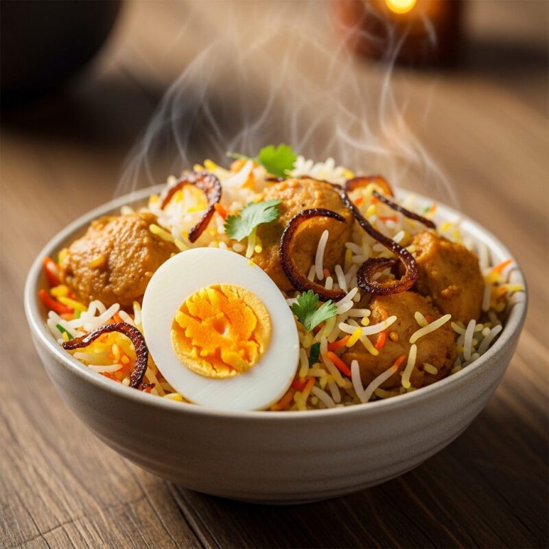 Microwave biryani served in a small bowl – quick rice recipe.