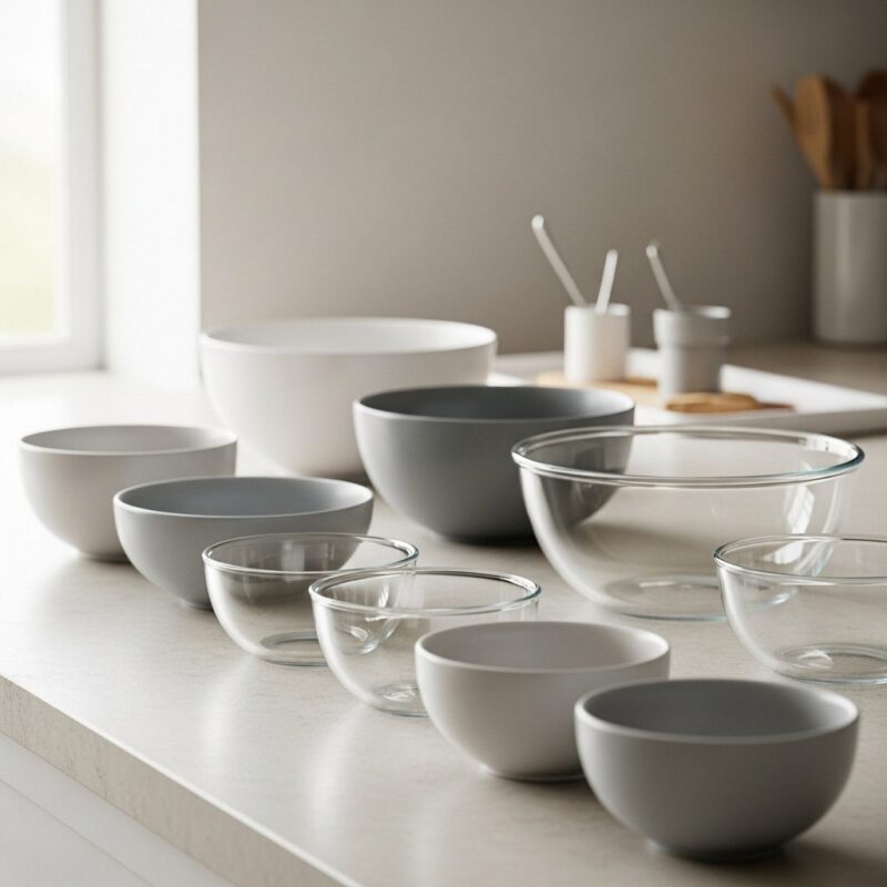 Microwave-safe glass and ceramic bowls on kitchen counter.