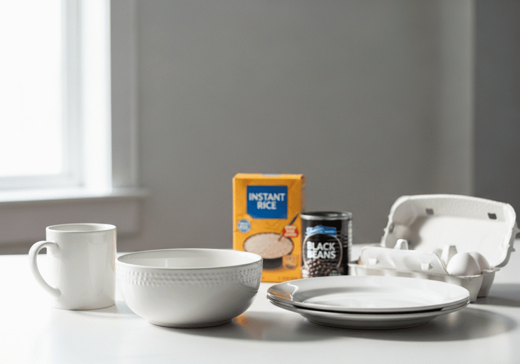 The simple starting toolkit for any bachelor's microwave cooking adventures a bowl, a mug, a plate, and basic pantry items..