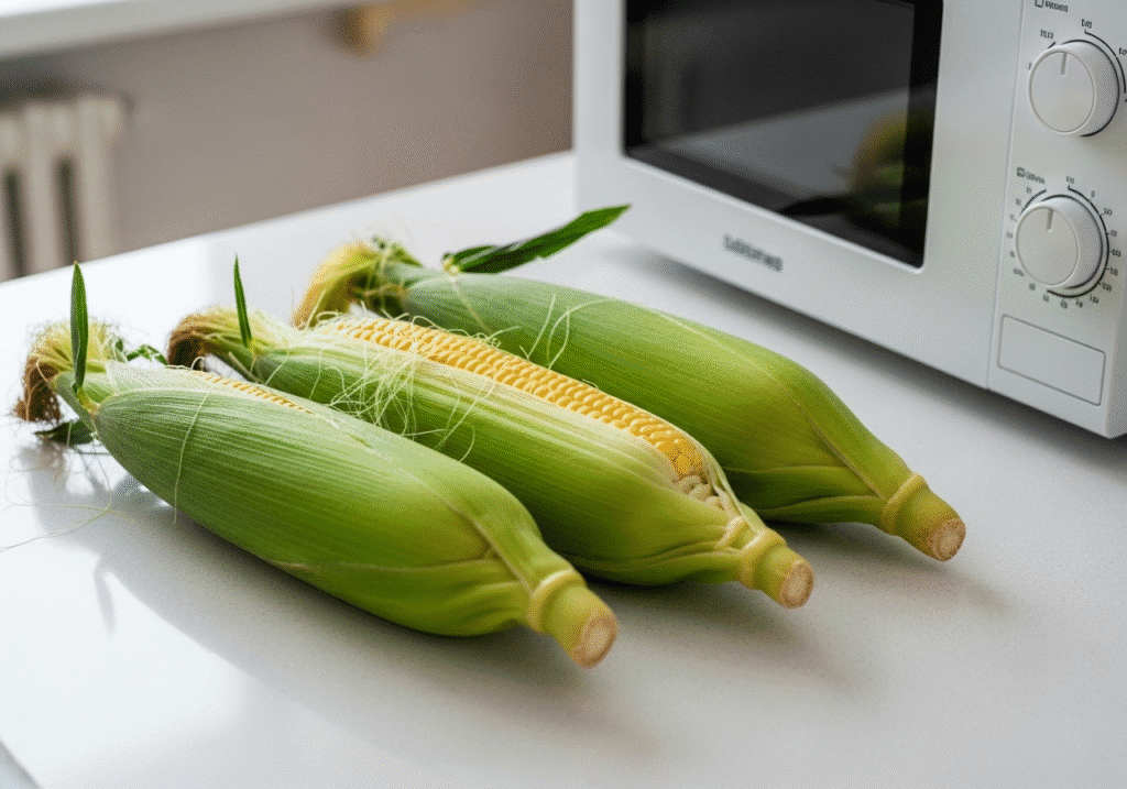 Three fresh ears of corn in their husks sitting next to a white microwave before being cooked.