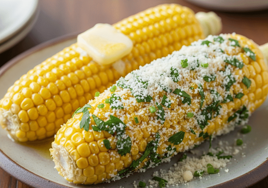 Two ears of cooked corn on the cob on a white plate, one seasoned with butter and the other with garlic parmesan.