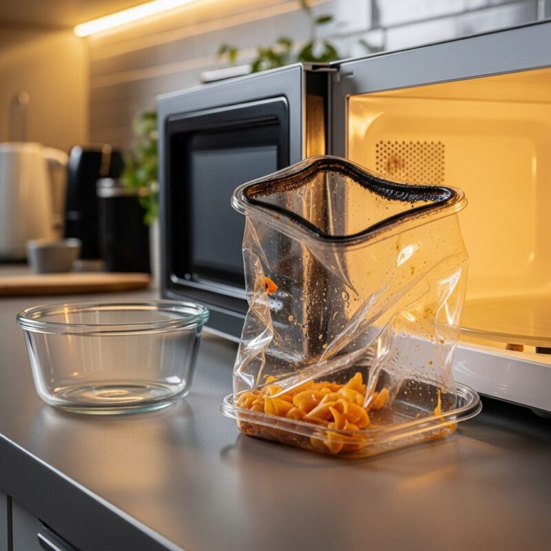Warped plastic container, avoid microwave unsafe materials.