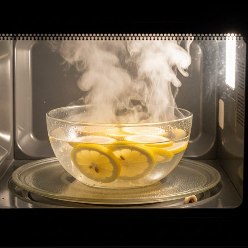 Water with lemon slices steaming inside a microwave, illustrating the natural steam cleaning process.