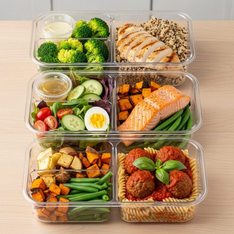 Stack of prepared meal prep containers for office.