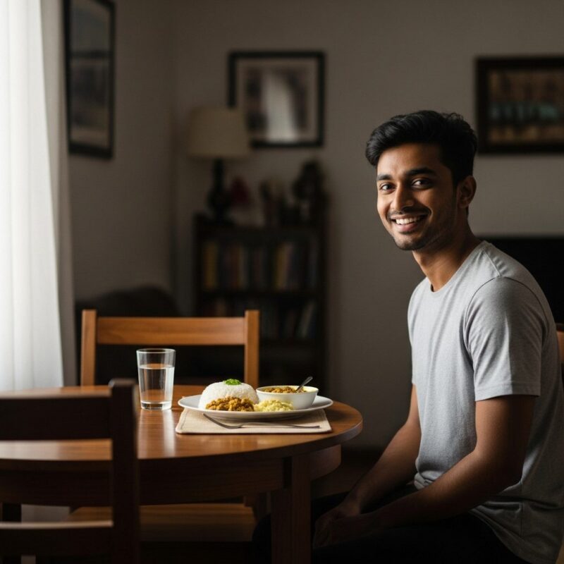 Happy expat eating homemade meal cooked in microwave.