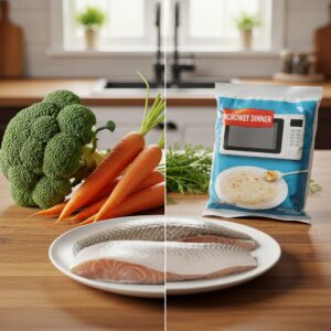 quick low calorie microwave meals arranged beautifully on kitchen counter.