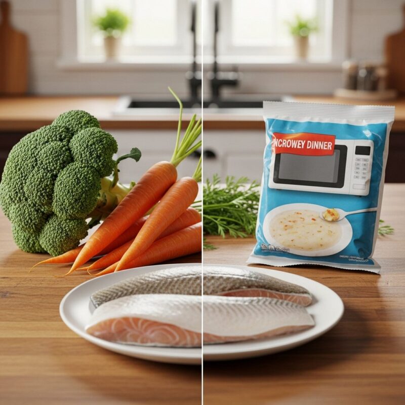 quick low calorie microwave meals arranged beautifully on kitchen counter.