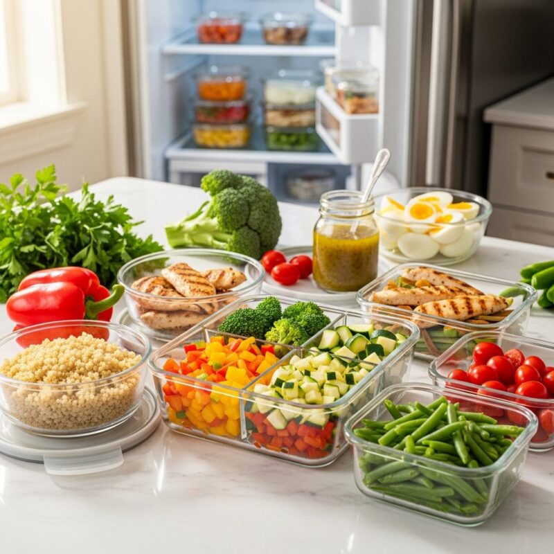 meal prep ingredients for quick microwave meals throughout week.