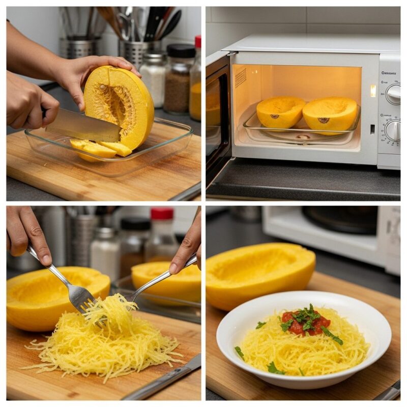 easy microwave spaghetti squash recipe for beginners - healthy low carb meal.