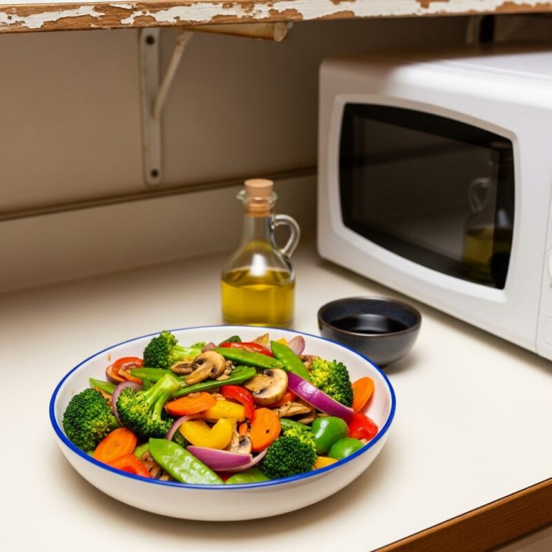quick microwave vegetable stir fry - 8 minute easy recipe for students.