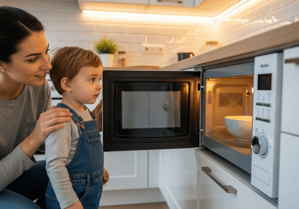 একজন অভিভাবক একটি শিশুকে চলমান মাইক্রোওয়েভ থেকে নিরাপদ দূরত্বে থাকতে শেখাচ্ছেন।