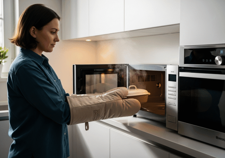 একজন ব্যক্তি ওভেন মিট পরে মাইক্রোওয়েভ থেকে সাবধানে গরম পাত্র বের করছেন।