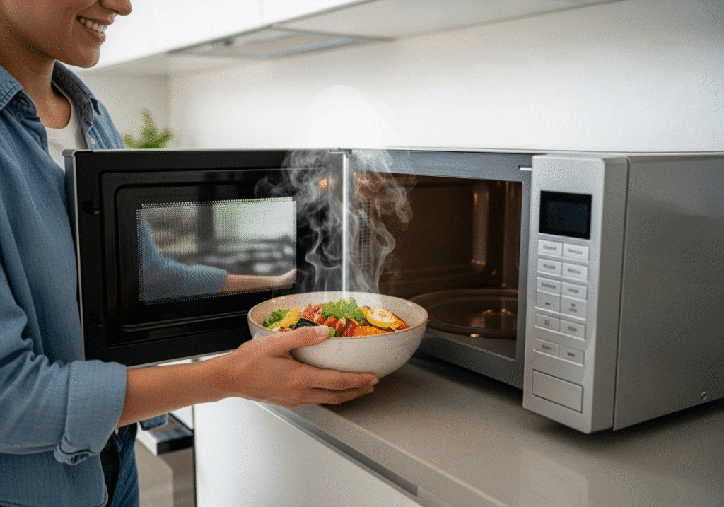 একজন ব্যক্তি মাইক্রোওয়েভ থেকে সঠিকভাবে গরম করা স্বাস্থ্যকর খাবার বের করছেন।