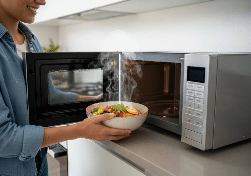 একজন ব্যক্তি মাইক্রোওয়েভ থেকে সঠিকভাবে গরম করা স্বাস্থ্যকর খাবার বের করছেন।