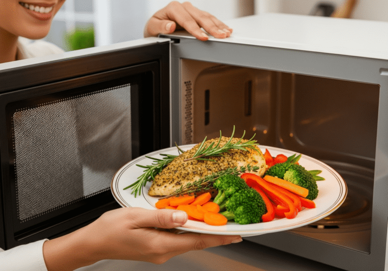 একজন ব্যক্তি মাইক্রোওয়েভ ব্যবহার করে একটি সম্পূর্ণ ও সুস্বাদু ডিশ রান্না করছেন।