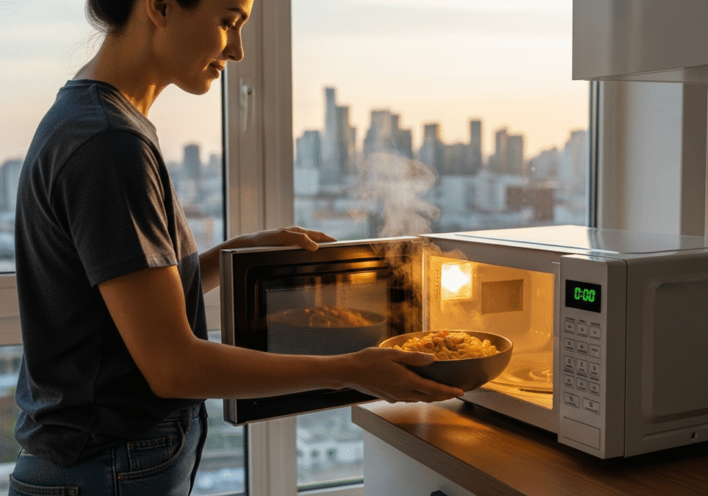 নিজের যত্ন নেওয়া মাইক্রোওয়েভে তৈরি গরম খাবার উপভোগ করছেন এক প্রবাসী ব্যক্তি।