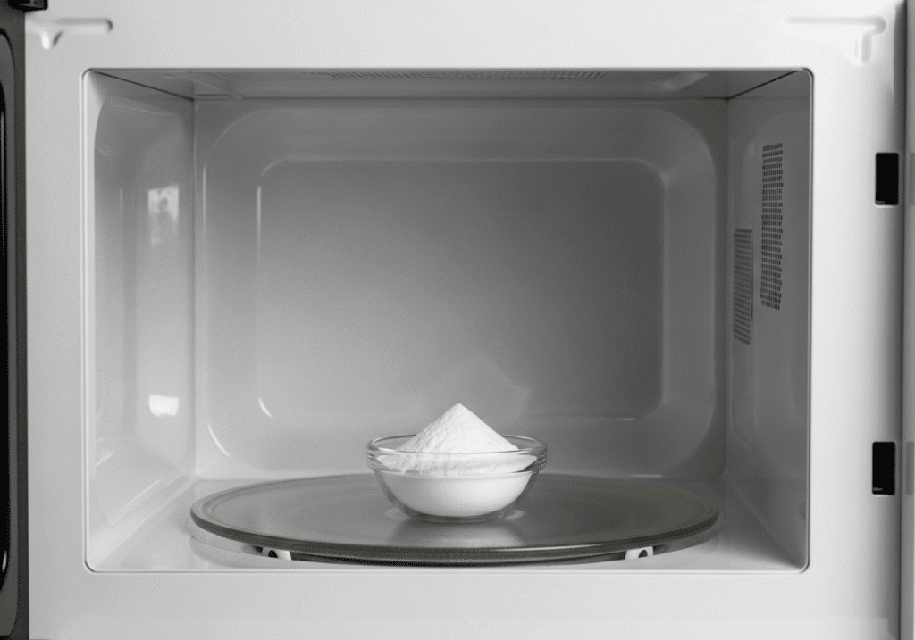 পরিষ্কার মাইক্রোওয়েভের ভেতর থেকে গন্ধ দূর করার জন্য এক বাটি বেকিং সোডা রাখা আছে।