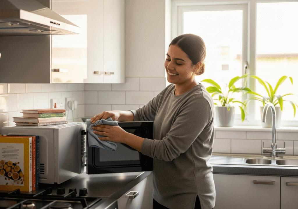 বিদেশে থাকা একজন ব্যক্তি যত্ন সহকারে তার মাইক্রোওয়েভটি পরিষ্কার করছেন।