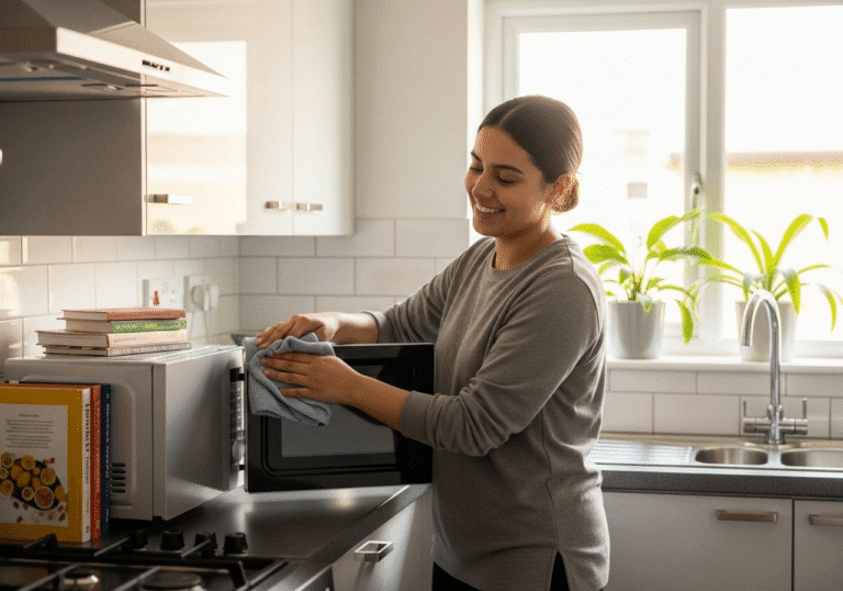 বিদেশে থাকা একজন ব্যক্তি যত্ন সহকারে তার মাইক্রোওয়েভটি পরিষ্কার করছেন।